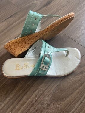 Bellini Mint Green Cork Wedge Thong Sandals with Rhinestone Buckle